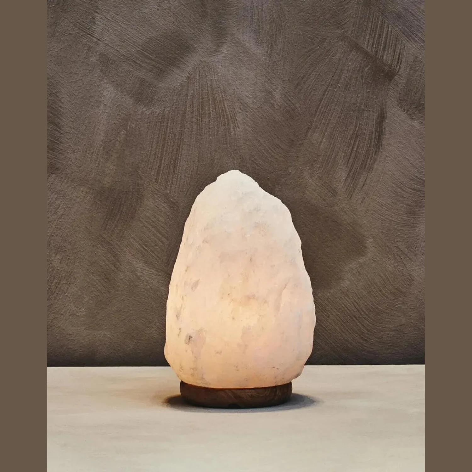 Nepal White Natural Salt Lamp On Wood Base With Warm Relaxing Glow - Image 4